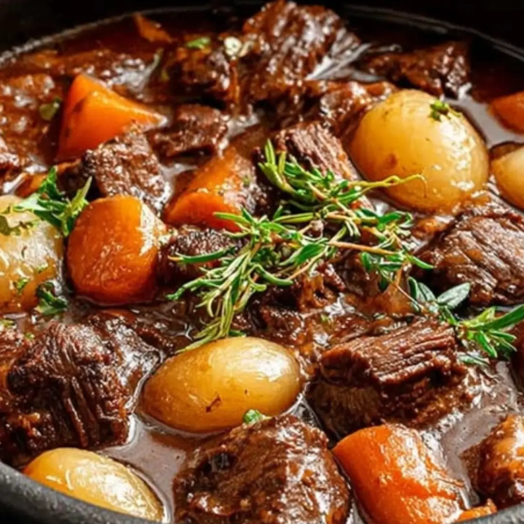 Close-up of rich, dark Boeuf Bourguignon (French beef stew) simmering in a pot with large chunks of tender beef, glazed pearl onions, carrots, and fresh thyme sprigs.