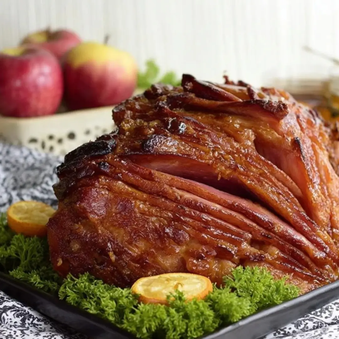 Close-up of a richly caramelized, sliced bone-in ham with a bourbon honey glaze, garnished with fresh greens and orange slices, with apples visible in the soft background.