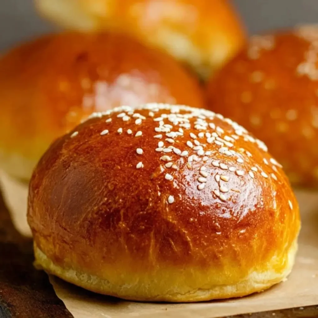 Close-up of a homemade brioche burger bun topped with sesame seeds, showing the shiny, golden-brown crust.
