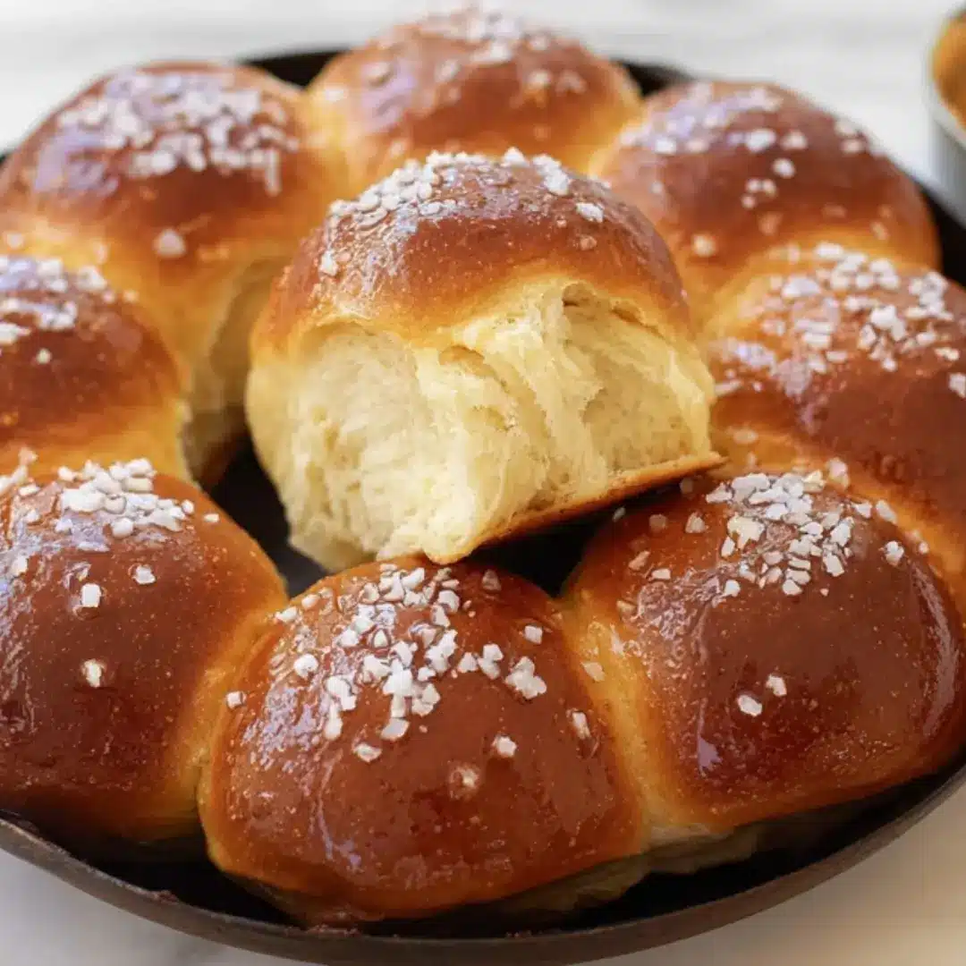 Close-up of golden-brown, soft Brioche Dinner Rolls in a round pan, generously sprinkled with flaky sea salt and served with a side of Salted Maple Butter.