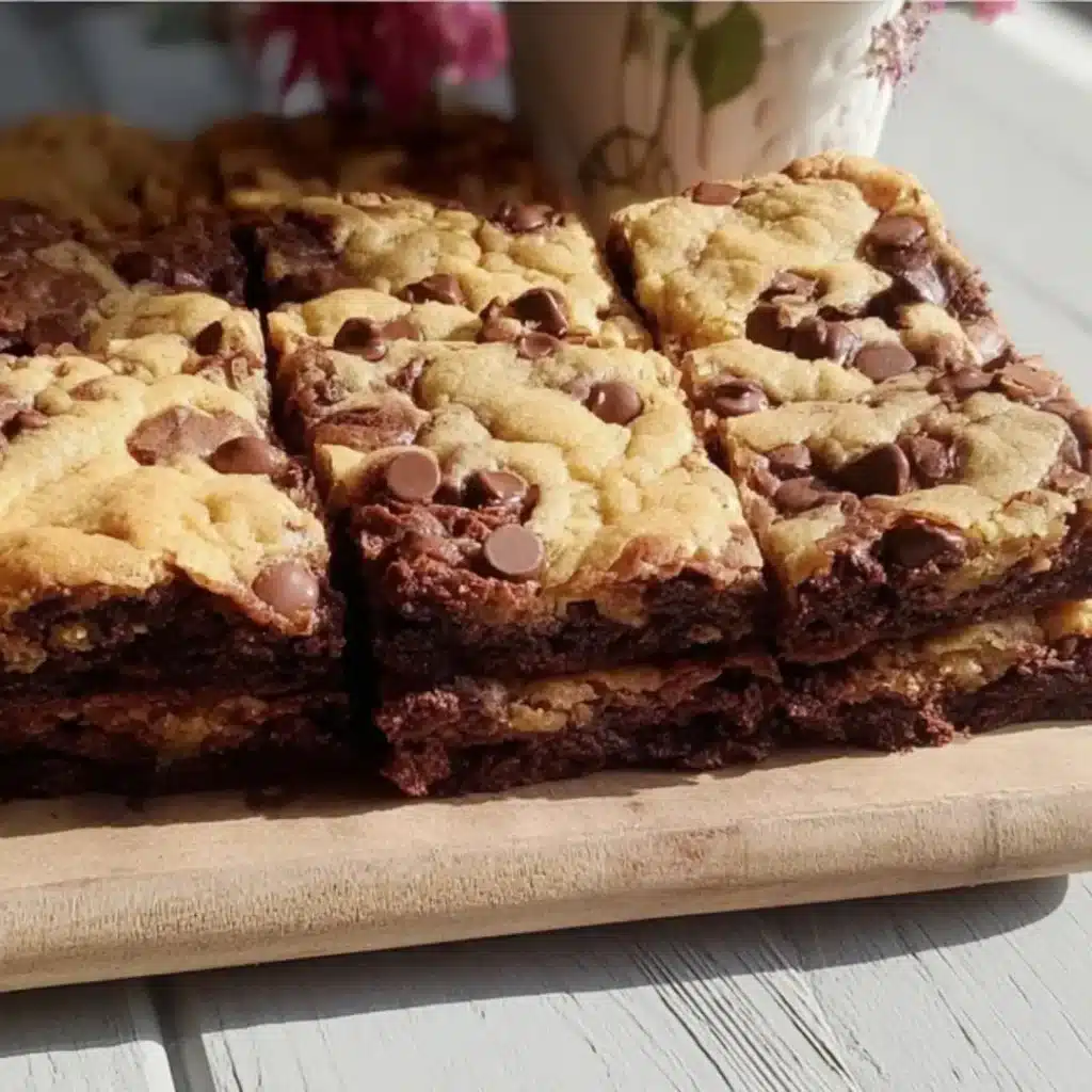 Stacked squares of Brookies (brownie and cookie hybrid bars) showing the rich, fudgy chocolate layer beneath the golden brown chocolate chip cookie layer.