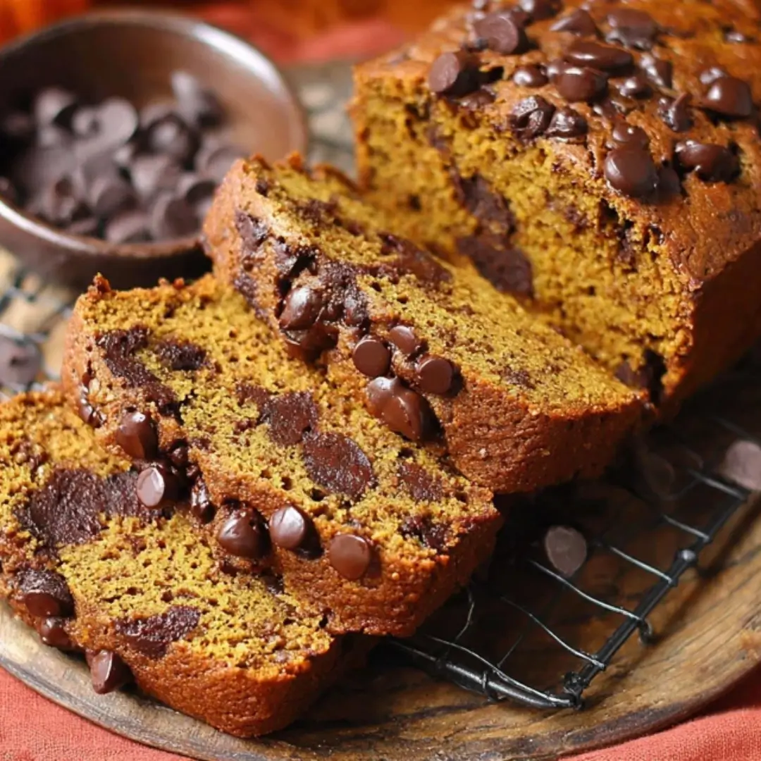 Sliced loaf of Brown Butter Chocolate Chip Pumpkin Bread on a cooling rack, showing the moist interior texture and melted chocolate chips.