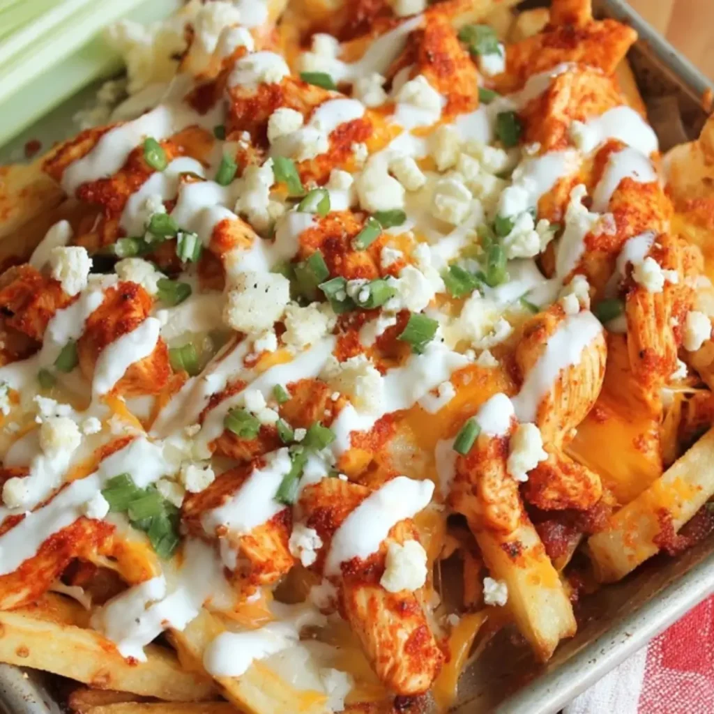 Close-up shot of crispy oven-baked fries loaded with shredded buffalo chicken, melted cheddar and mozzarella cheese, a generous drizzle of creamy ranch dressing, and garnished with crumbled blue cheese and fresh green onions.