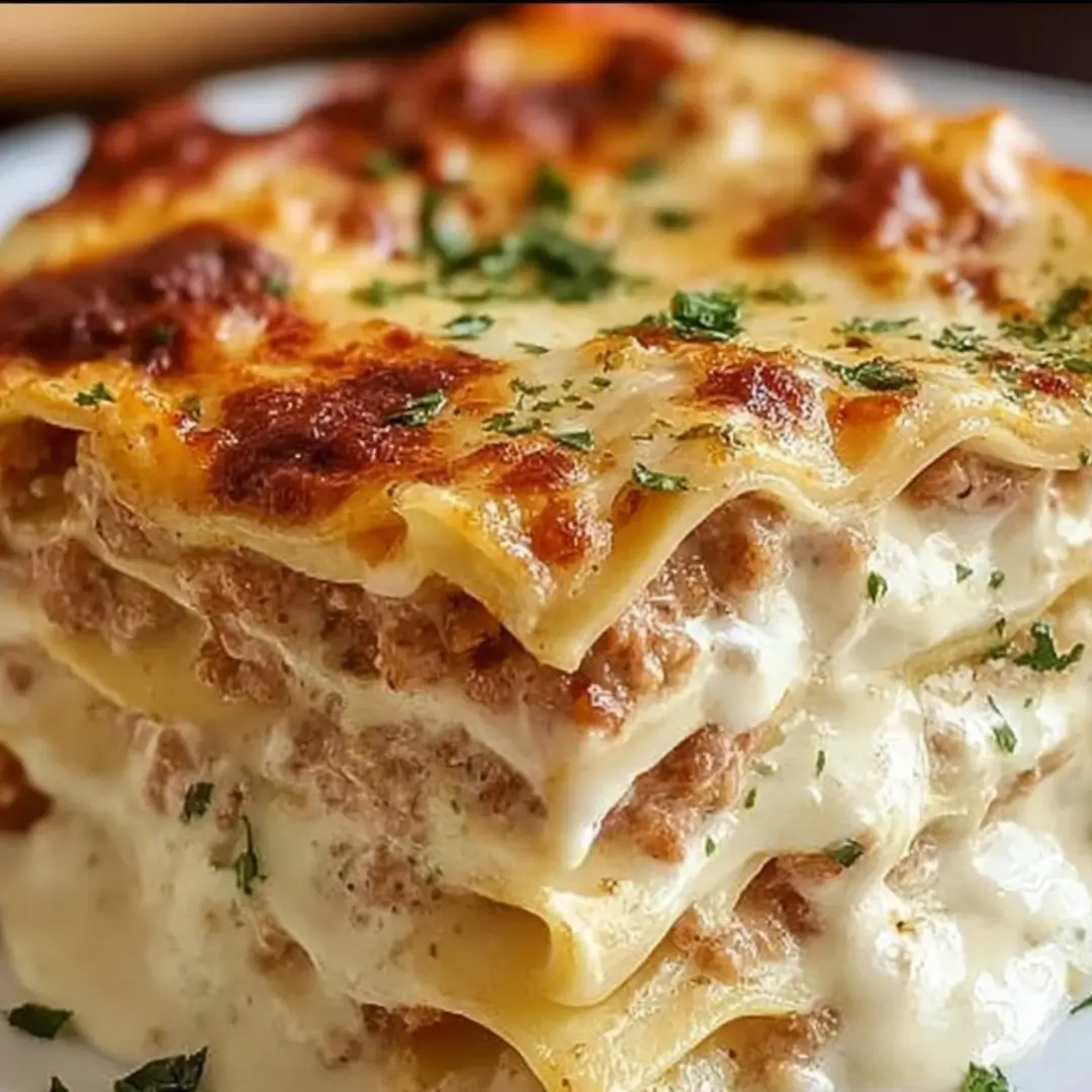 Three stacked layers of crack chicken lasagna, showing creamy white Alfredo and cheese filling with shredded chicken, bacon, and ranch seasoning, topped with golden-brown melted mozzarella and a sprinkle of fresh parsley.