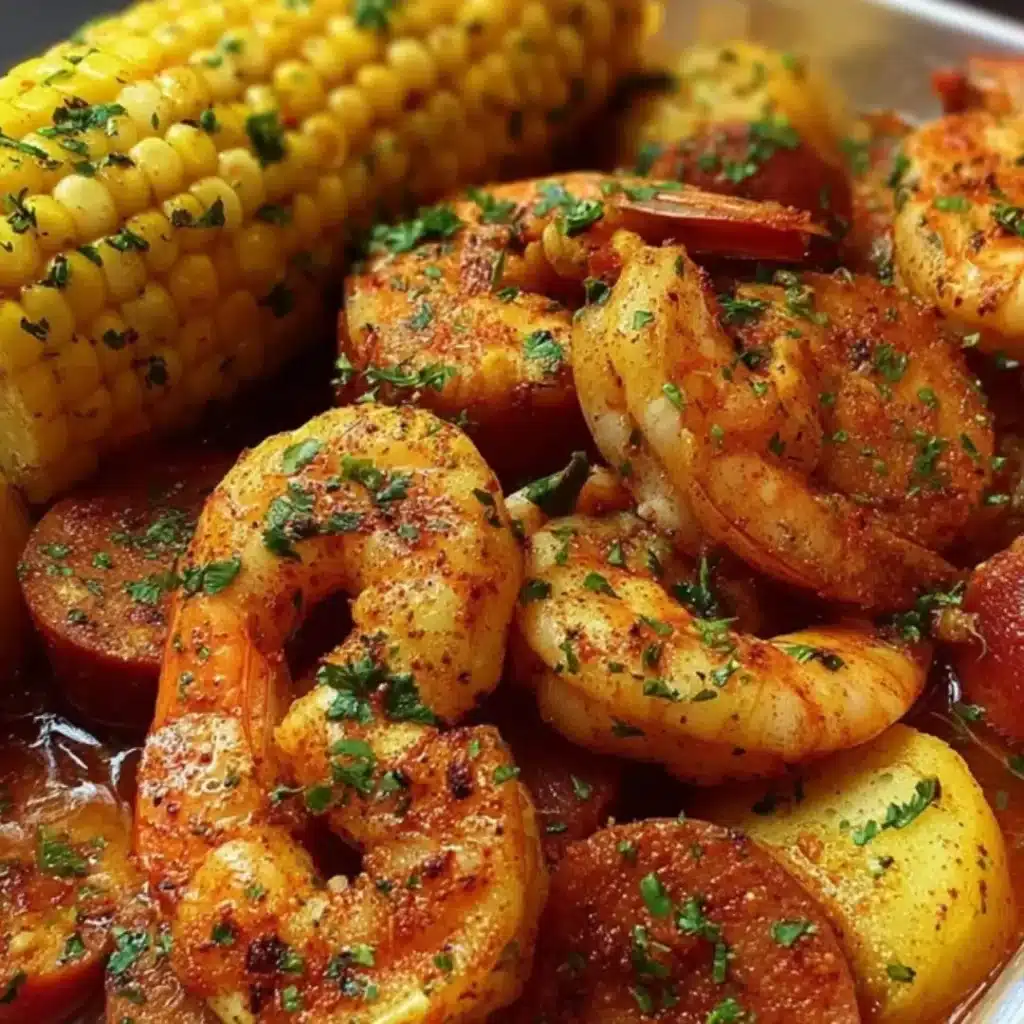 Close-up of Cajun shrimp boil featuring perfectly cooked, shell-on shrimp, sliced smoked sausage, tender baby potatoes, and an ear of corn, all coated in a rich, buttery garlic sauce and sprinkled with fresh parsley.