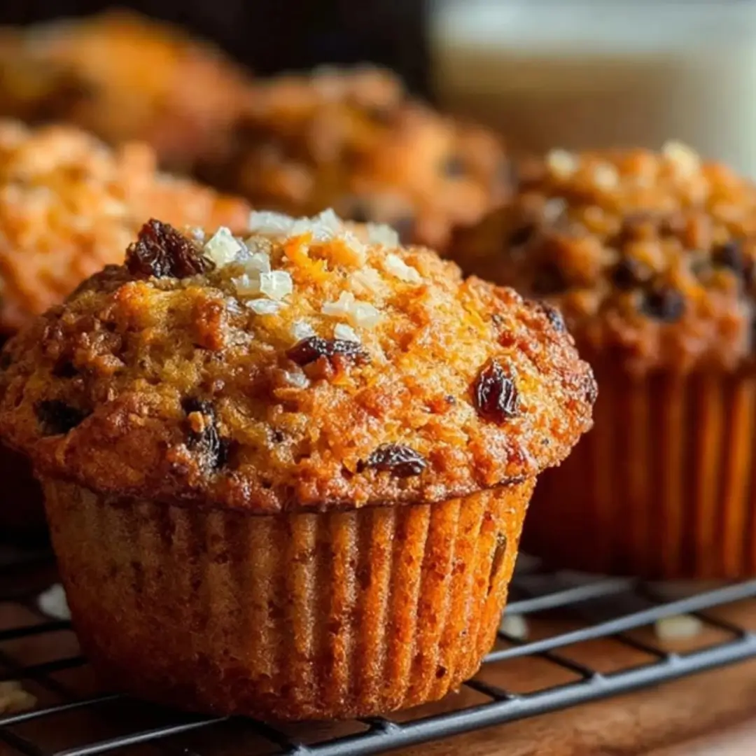 Close-up of a warm, golden-brown carrot and raisin muffin, topped with chopped nuts, cooling on a black wire rack.