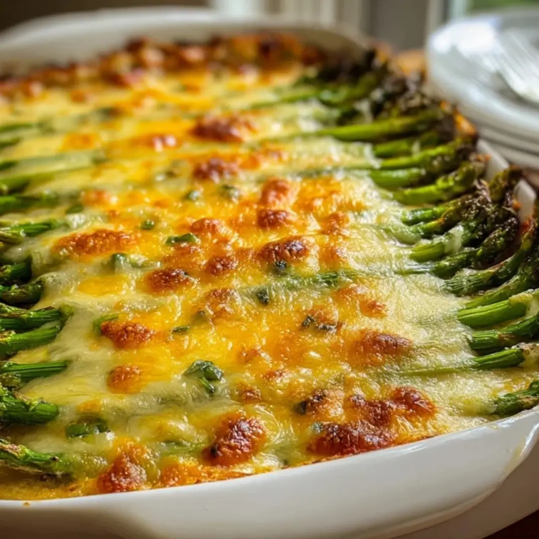 Close-up shot of Cheesy Baked Asparagus baked until tender in a creamy sauce, topped with melted and bubbly golden mozzarella and Parmesan cheese.