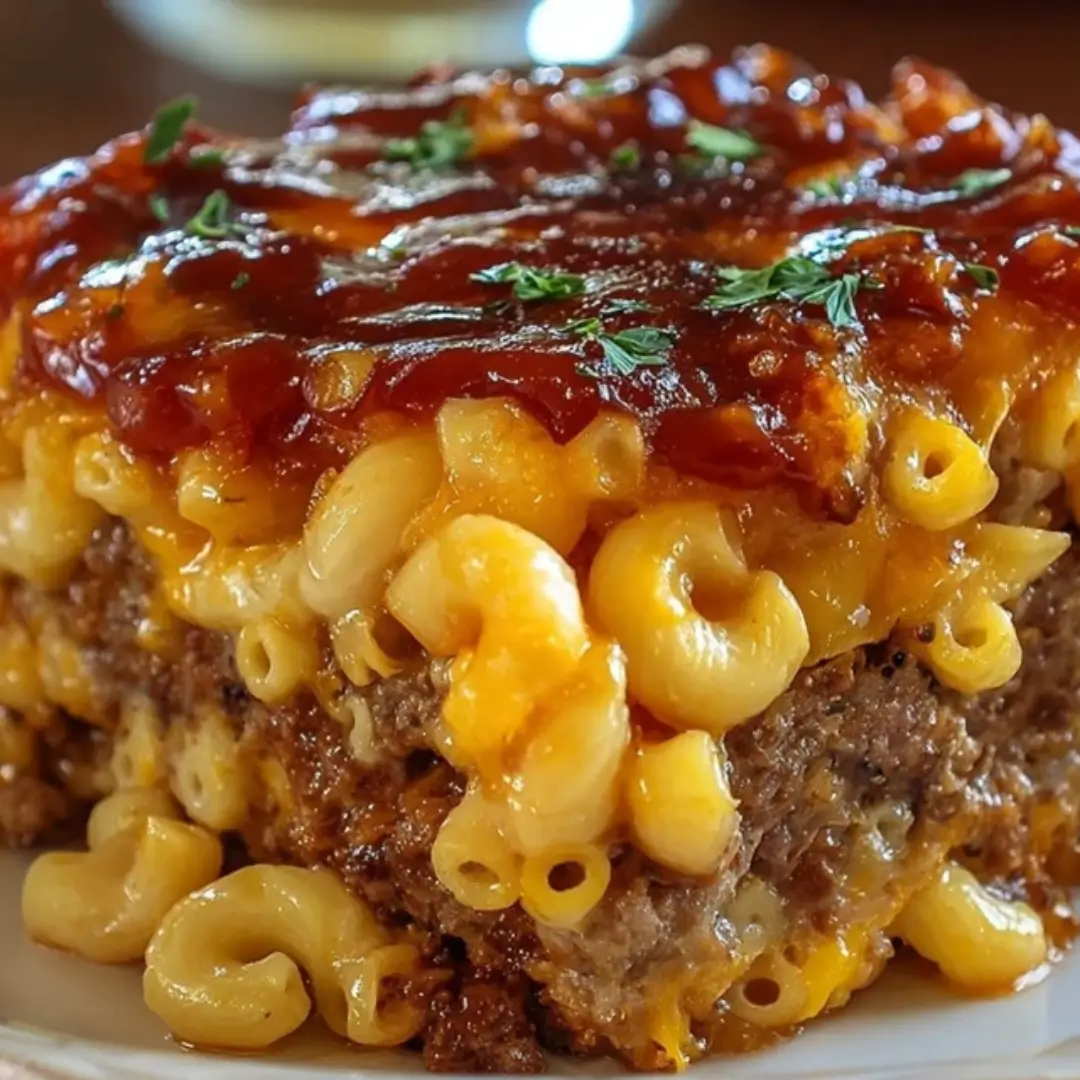 A close-up shot of a thick slice of Cheesy Macaroni Meatloaf Bake showing the bottom layer of ground beef meatloaf, a thick middle layer of creamy cheddar mac and cheese, and a glossy top layer of barbecue or ketchup glaze.