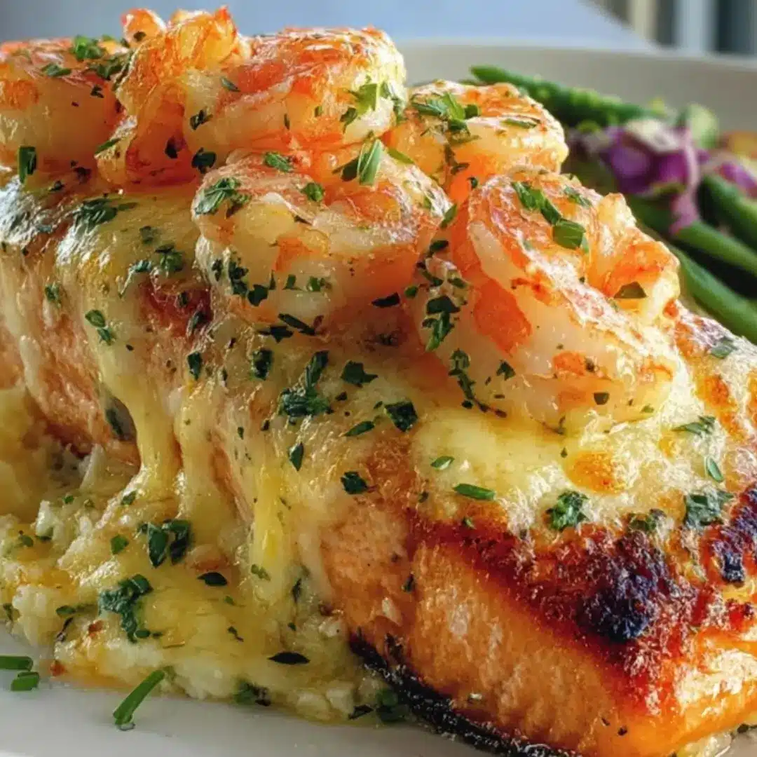 Close-up of a perfectly seared, stuffed salmon fillet topped with melted, bubbly cheese, large pink shrimp, and fresh chopped parsley.
