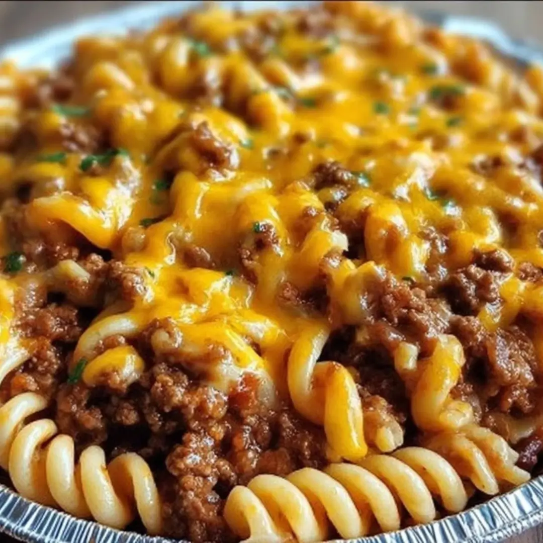 A close-up of a skillet filled with Cheesy Sloppy Cheeseburger Pasta, featuring rotini pasta, ground beef, and melted cheddar and mozzarella cheese, garnished with parsley.