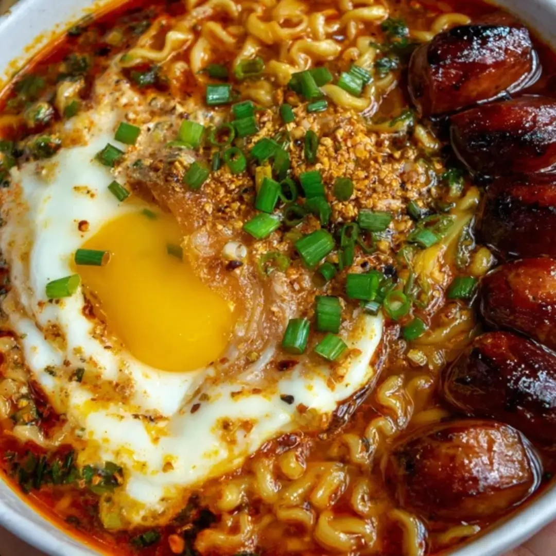 A close-up, overhead view of a deeply red, spicy ramen bowl filled with curly noodles, a creamy broth, sliced and seared mini beef sausages along the right edge, and a perfectly cooked fried egg with a bright yellow yolk and crispy edges, topped with chopped green onions and garlic crisp.