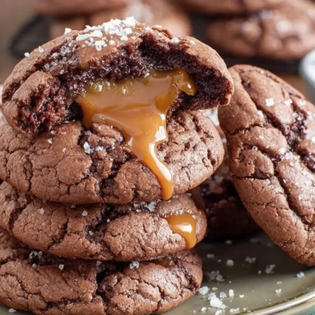 Stack of chewy, fudgy chocolate cookies with a sea salt topping, one broken open to show a warm, gooey, melted caramel center dripping out.