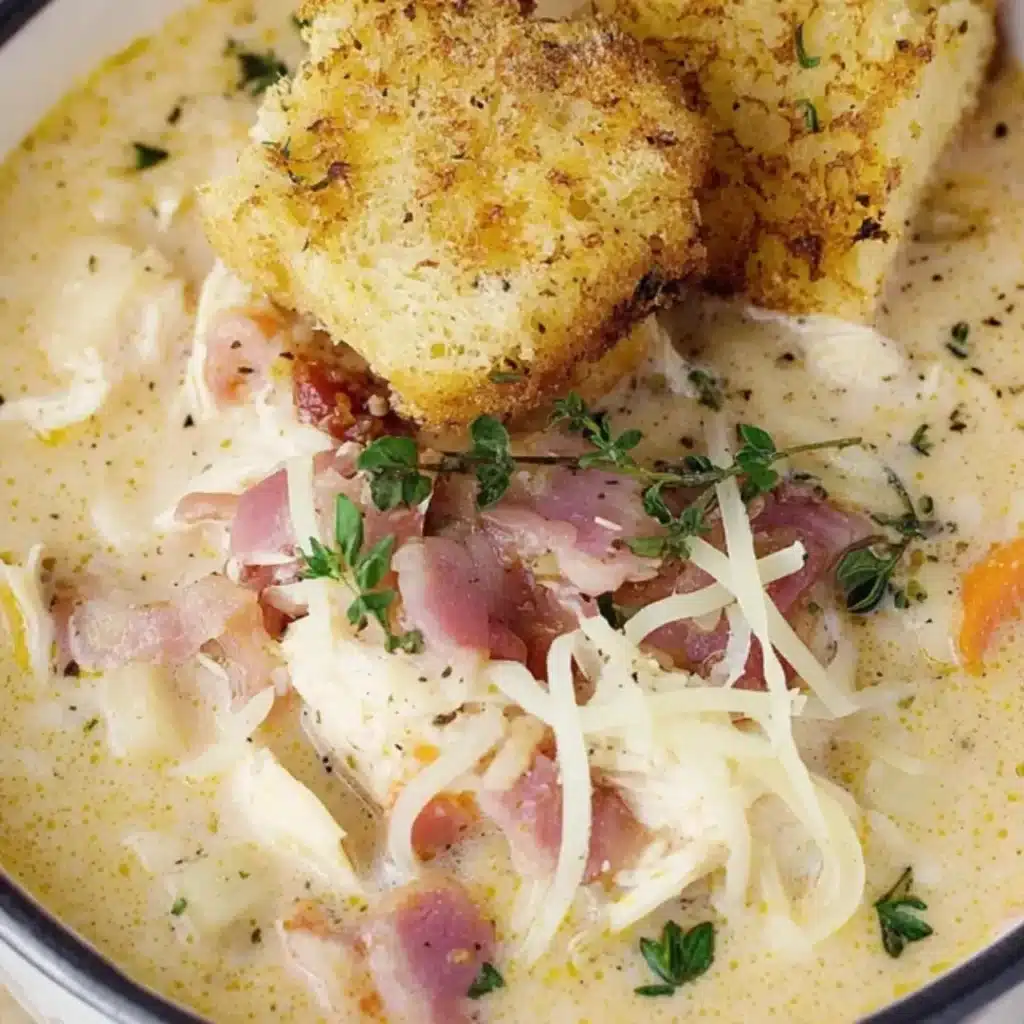 Creamy Chicken Cordon Bleu Soup topped with ham, Swiss cheese shreds, fresh thyme, and large golden croutons.