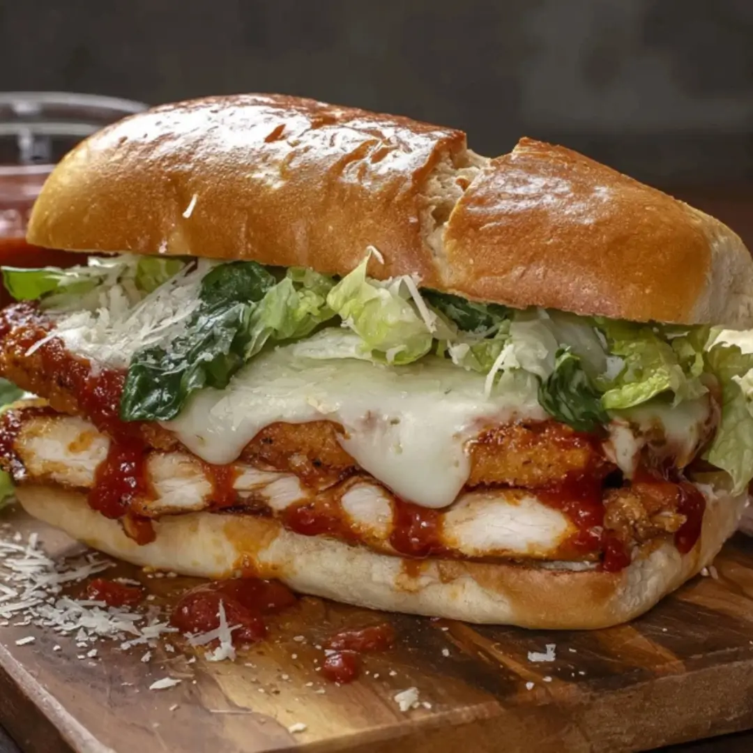 Close-up of a large, crusty sandwich roll filled with two crispy, sliced chicken parmesan cutlets topped with melted mozzarella cheese, shredded romaine lettuce, Caesar dressing, and grated Parmesan, served on a wooden board.