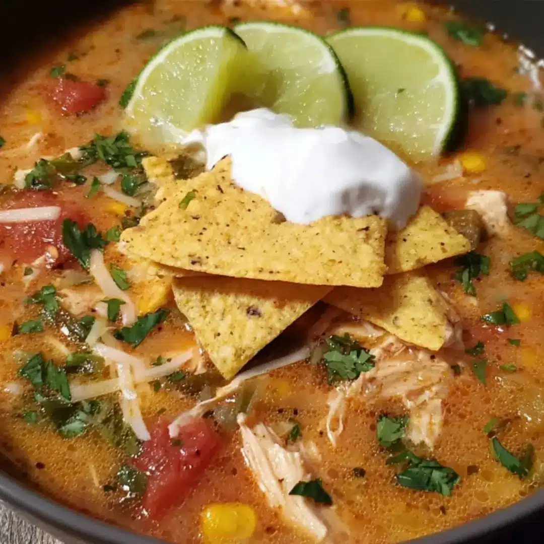Close-up of a rich, hearty Chicken Tortilla Soup topped with shredded chicken, corn, black beans, melted shredded cheese, crispy tortilla chips, a dollop of sour cream or Greek yogurt, fresh chopped cilantro, and bright lime slices.