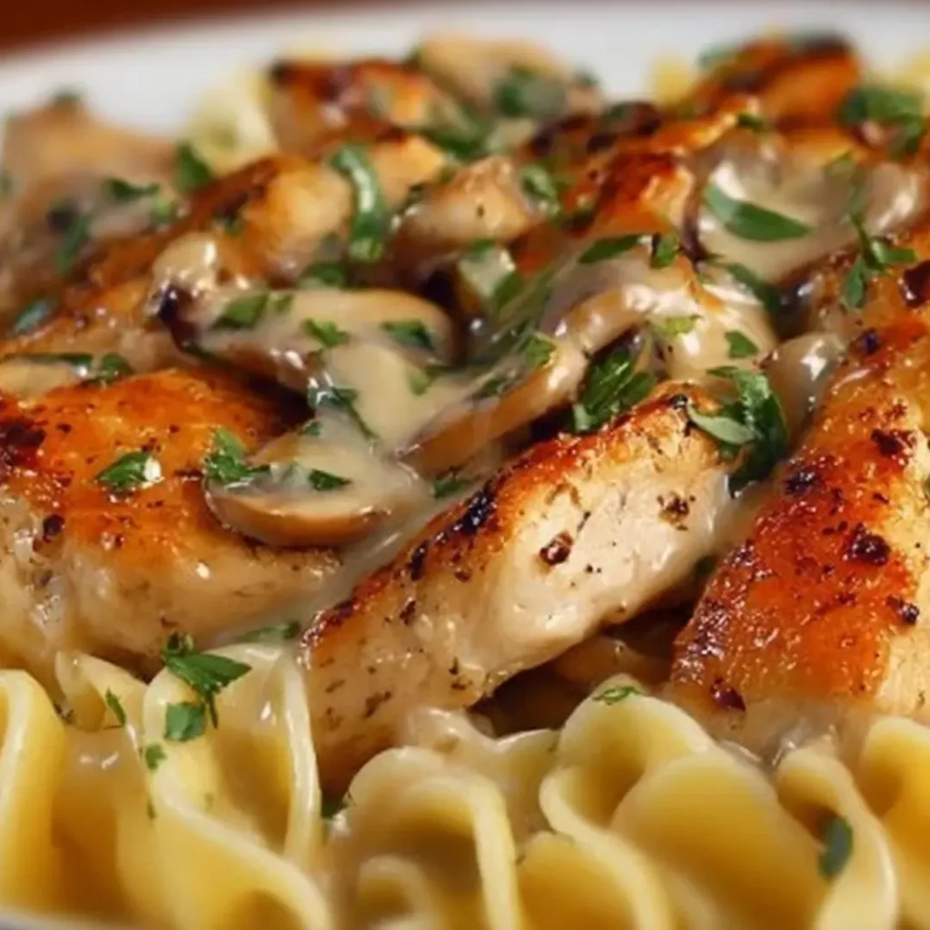 Tender chicken breast strips with golden sear, served over creamy buttered egg noodles and topped with a savory mushroom pan sauce and fresh parsley.