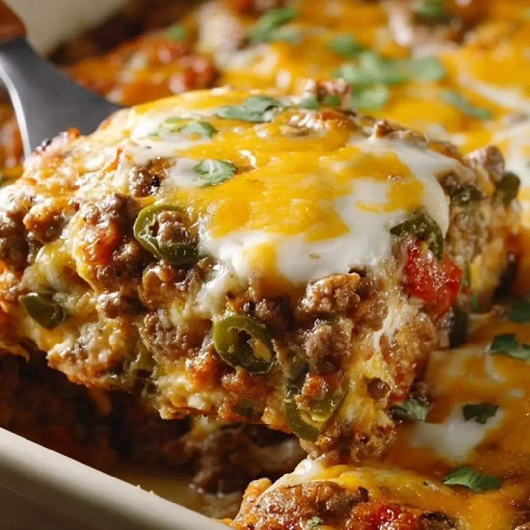 Close-up shot of a serving spoon lifting a large, square slice of Chili Relleno Casserole from a white baking dish, showing layers of melted cheddar and Monterey Jack cheese, seasoned ground turkey, and slices of green jalapeño (or green chiles) on top.