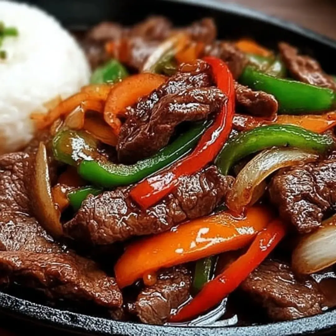 Close-up of glossy Chinese Pepper Steak with red, orange, and green bell peppers, served alongside a scoop of white rice on a black sizzling plate.