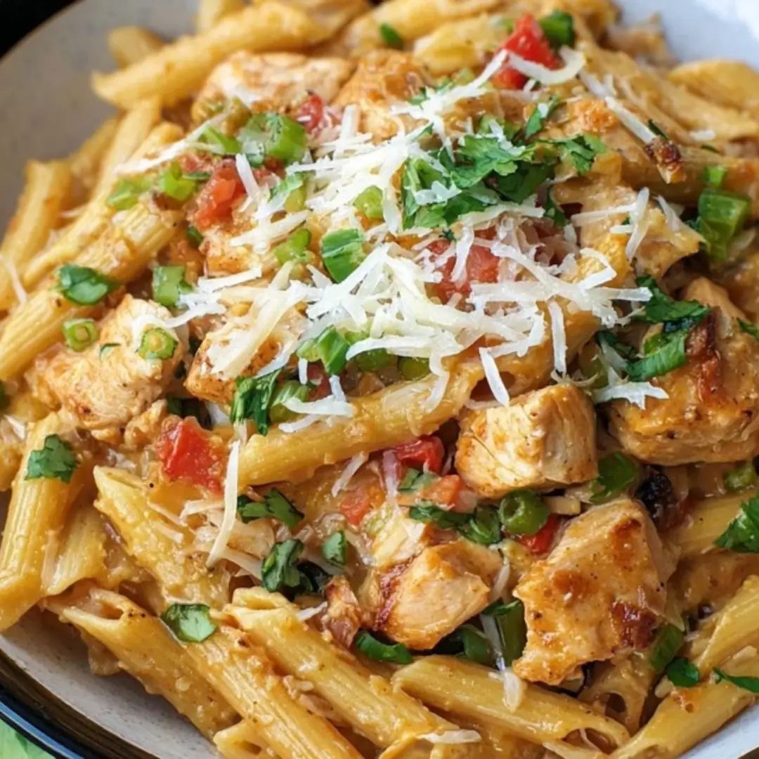 Creamy Chipotle Chicken Pasta with penne, tender chicken chunks, diced tomatoes, green garnish, and a generous topping of shredded Parmesan cheese.
