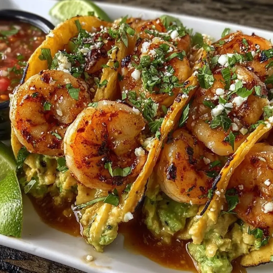 Close-up shot of several Chipotle Lime Shrimp Tacos filled with creamy avocado mash, topped with perfectly seared, smoky shrimp, crumbled cotija cheese, and fresh cilantro, served with lime wedges.