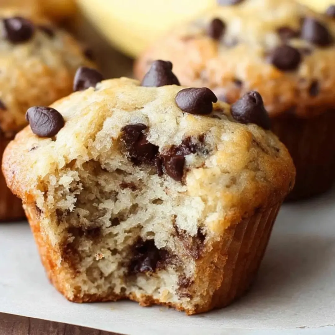 Close-up of a perfectly baked, light golden-brown chocolate chip banana bread muffin with a bite taken out, showing the moist interior and melted chocolate chips.