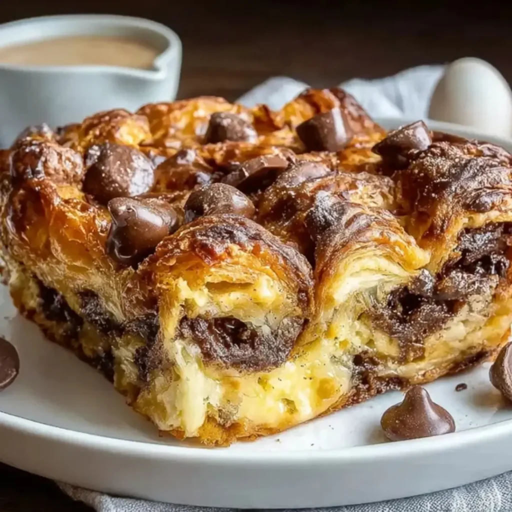 A close-up square slice of a golden brown Chocolate Croissant Breakfast Bake served on a white plate, showing layers of flaky croissant, melted chocolate chips, and creamy vanilla custard.