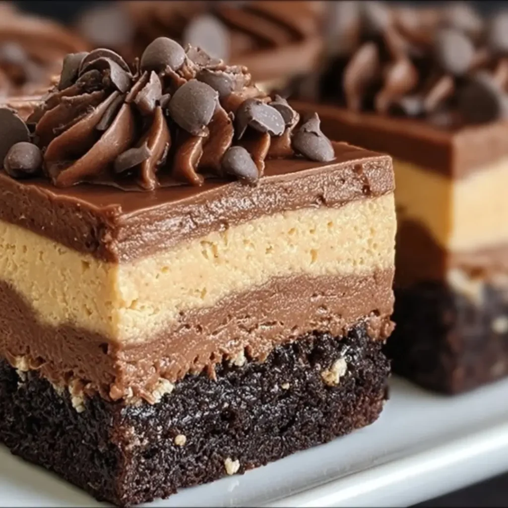 Close-up of a layered no-bake Chocolate Peanut Butter Dream Bar with a dark crust, creamy peanut butter center, chocolate pudding layer, and chocolate whipped topping garnished with mini chocolate chips.