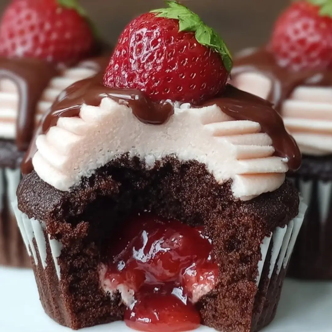 Close-up of a chocolate cupcake bitten into, revealing a gooey strawberry jam filling, topped with pink frosting, a rich chocolate drizzle, and a fresh whole strawberry.