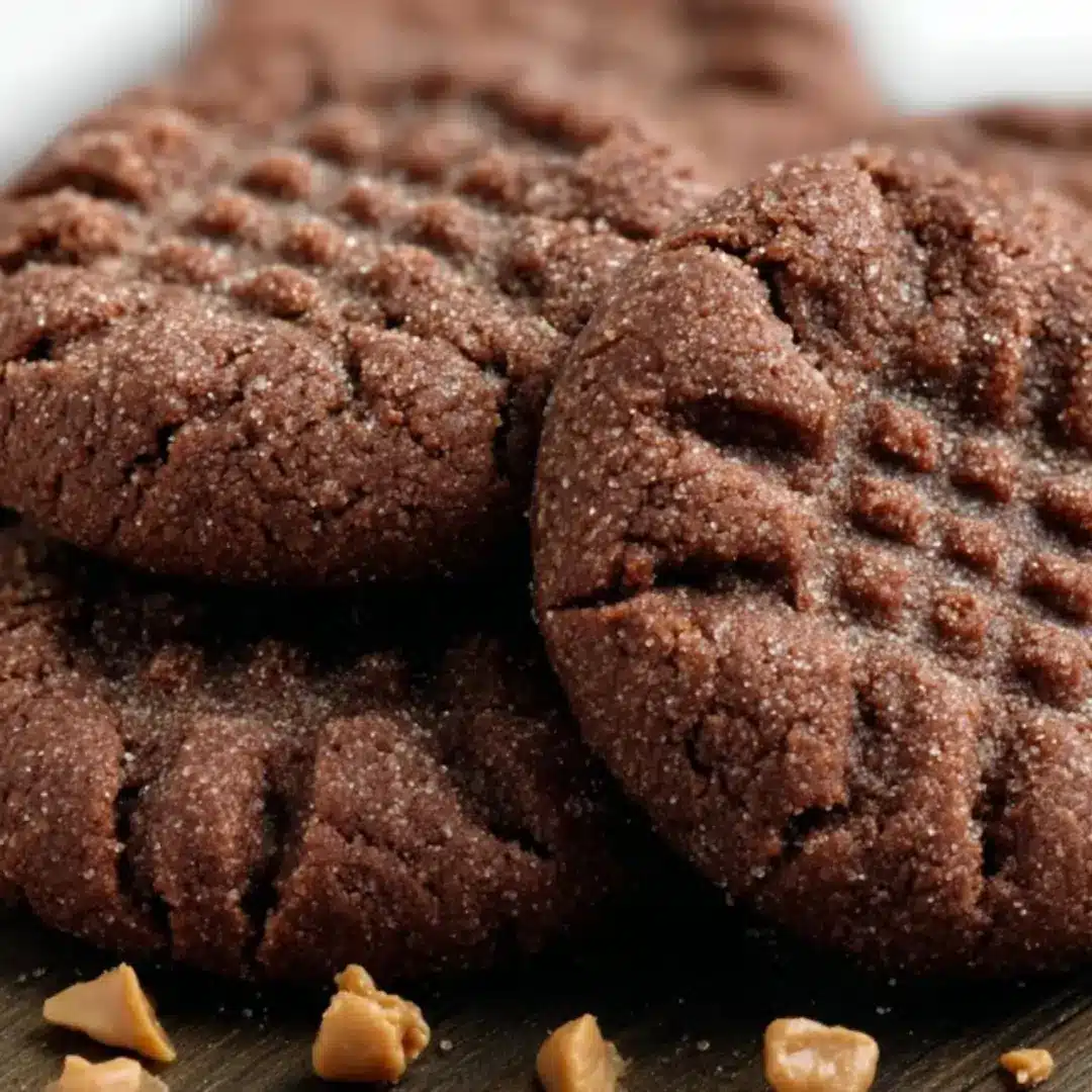 Three soft, dark chocolate peanut butter cookies with criss-cross fork marks and a light dusting of sugar, piled on a wooden surface with peanut butter chips scattered in the foreground.