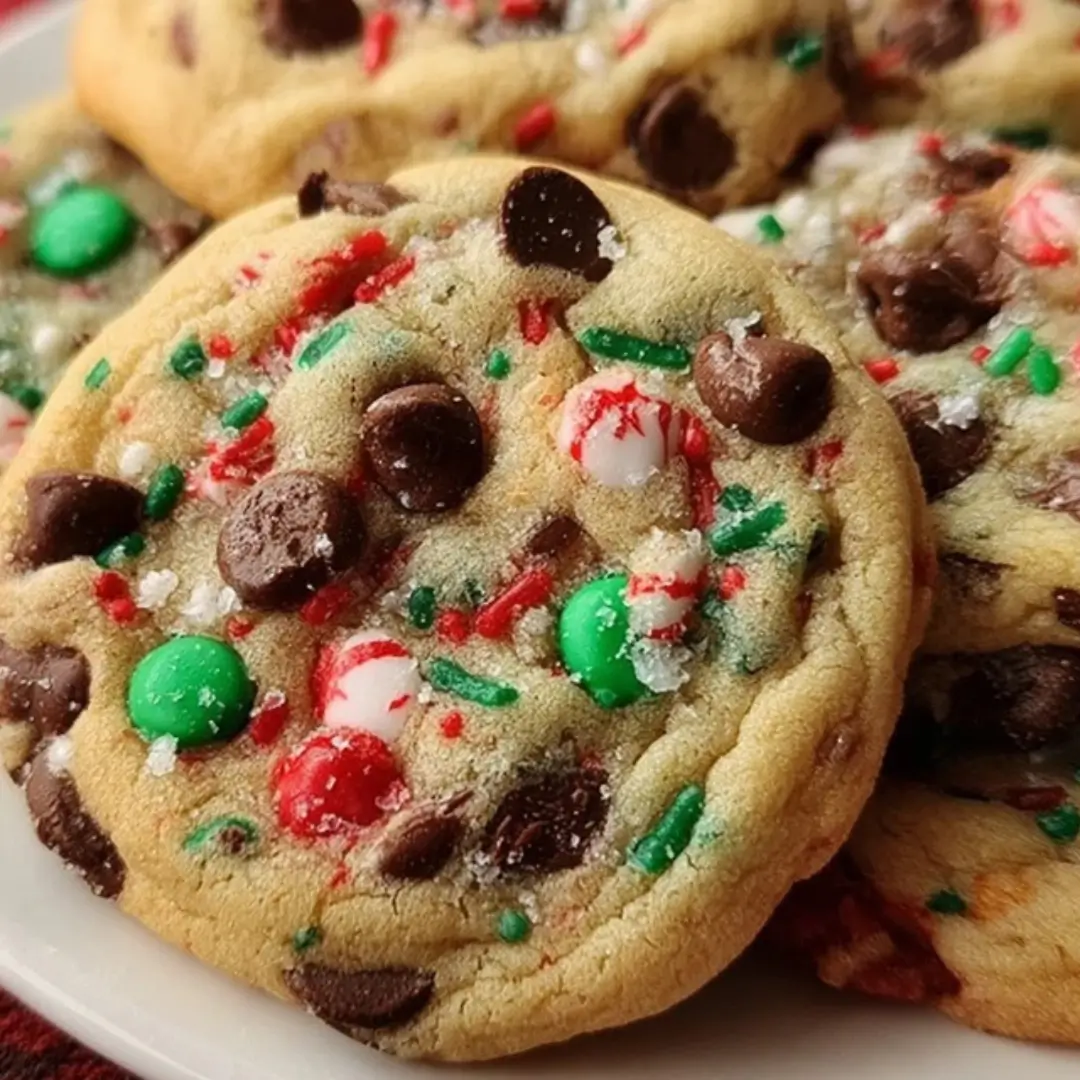Soft, chewy Christmas chocolate chip cookies featuring red and green candy-coated chocolates, festive sprinkles, and dark chocolate chips.