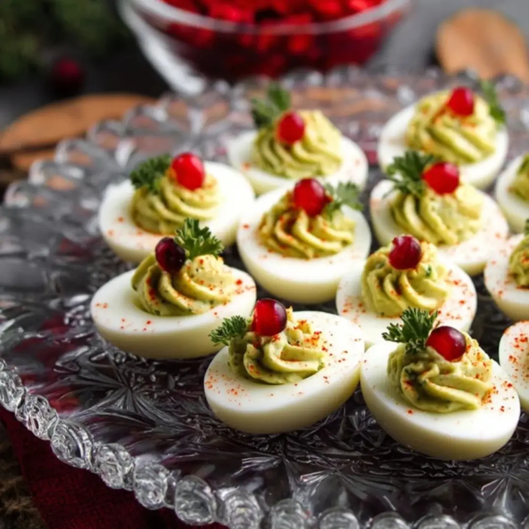 Creamy green deviled eggs garnished with paprika, a parsley sprig, and bright red cranberries or small red berries, arranged on a clear glass platter.