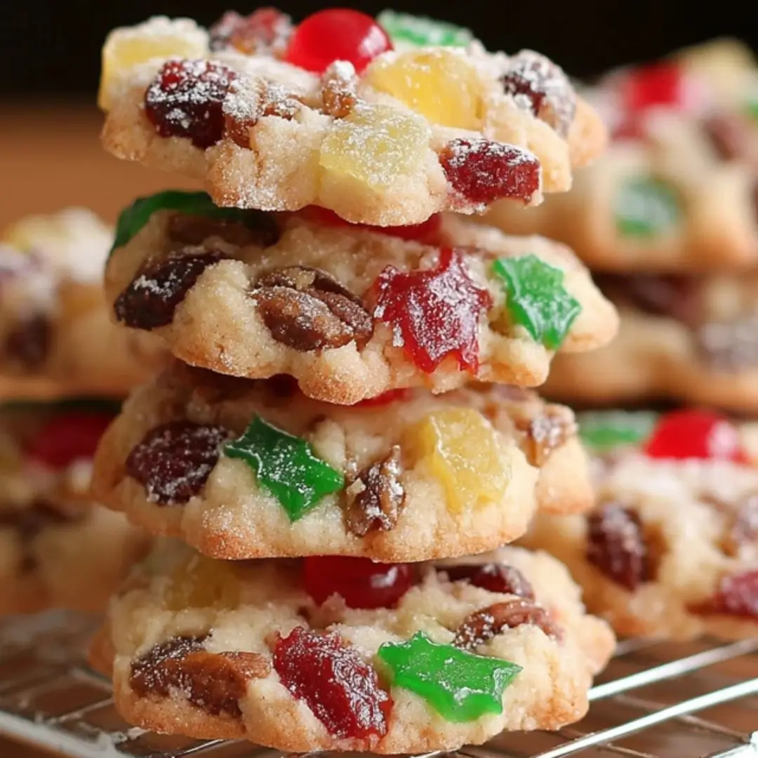 Stack of three easy Christmas Fruit Cake Cookies on a cooling rack, showcasing the rich colors of candied red and green cherries, golden raisins, and pecans dusted with powdered sugar.