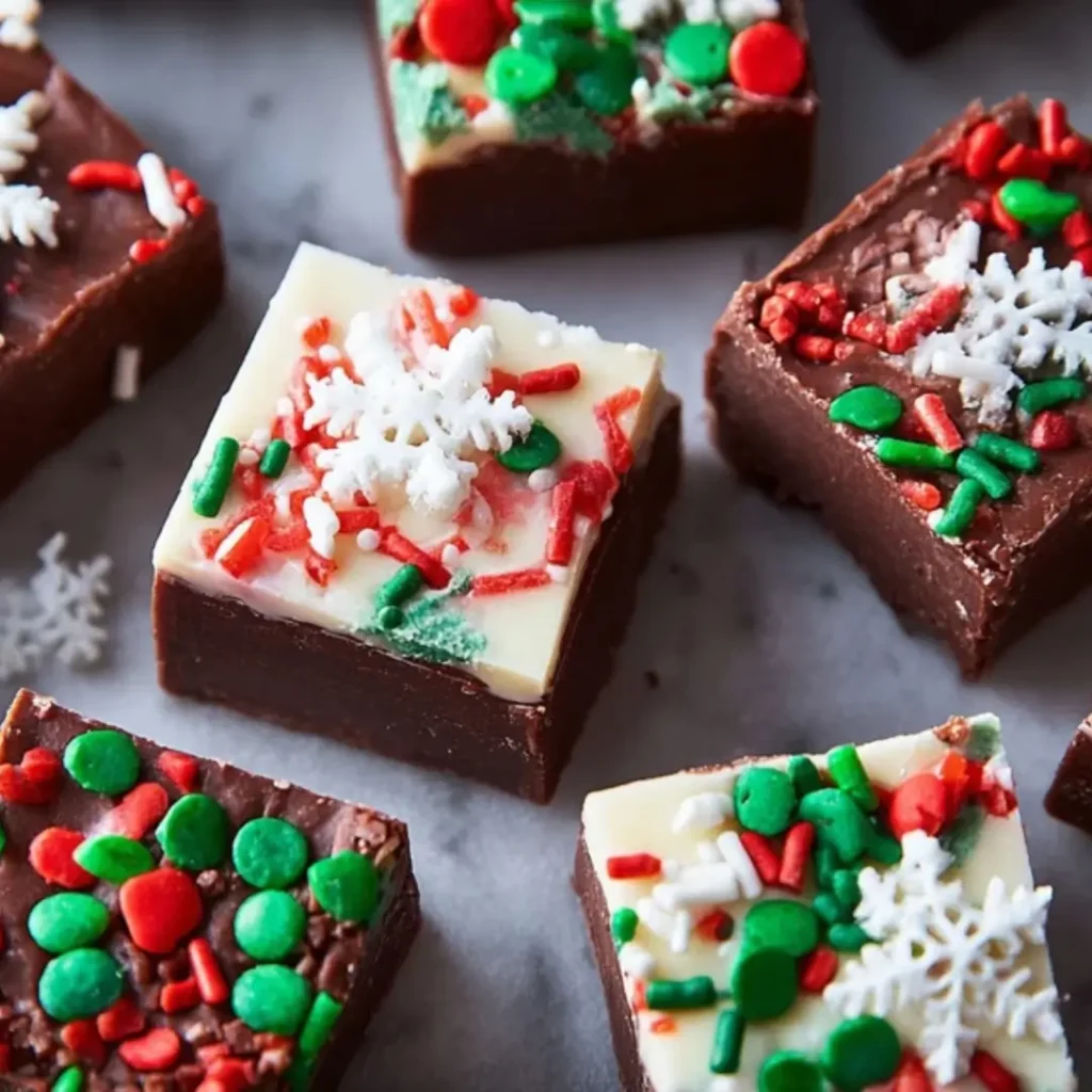 Creamy Christmas fudge squares topped with white chocolate, red and green sprinkles, and white snowflake candies.