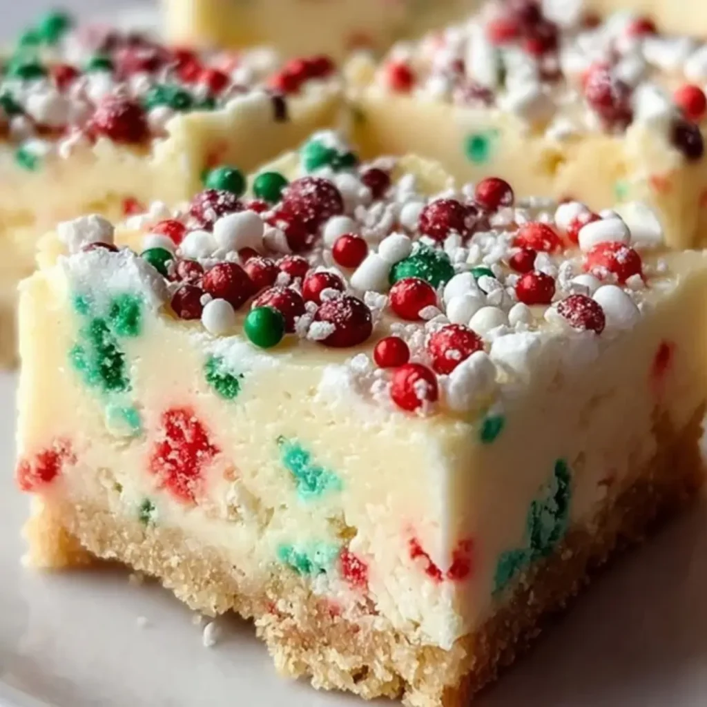Close-up of a square slice of No-Bake Christmas Sugar Cookie Cheesecake Bar, showing the thick sugar cookie crust, creamy white cheesecake filling speckled with red and green sprinkles, and topped with more festive red, green, and white sprinkles.