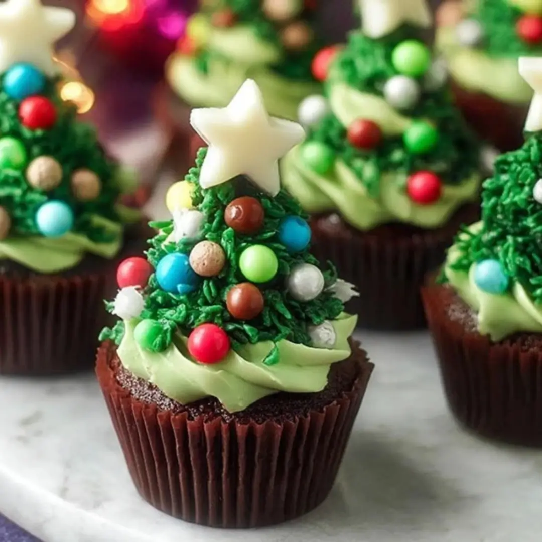 Green Christmas tree cupcakes with star tip buttercream frosting, sprinkles, and a yellow star candy topper.