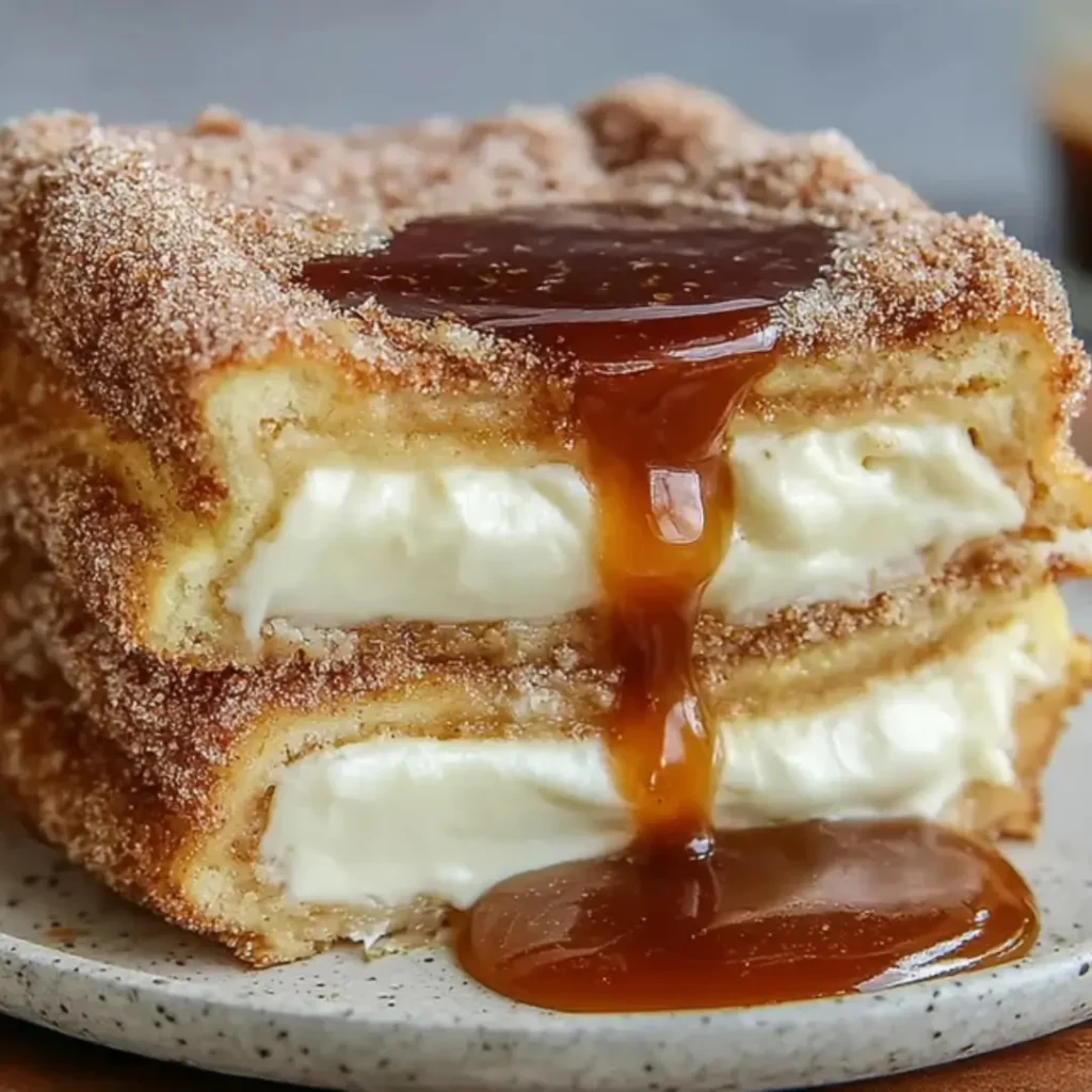 Churro Cheesecake bars stacked on a plate, showing the creamy white cheesecake filling between two layers of golden, cinnamon-sugar crescent roll crust, drizzled with thick caramel sauce.