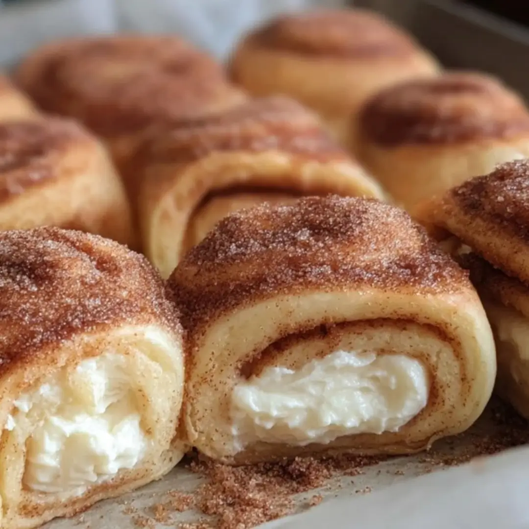 Close-up of baked Cinnamon Sugar Cream Cheese Rolls, showing the golden-brown, cinnamon-coated exterior and the smooth, white cream cheese filling inside one roll that has been sliced open.