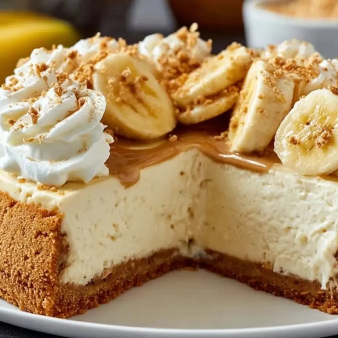 A creamy, sliced Classic Banana Cream Cheesecake showing the graham cracker crust and smooth filling, topped with whipped cream, caramel drizzle, and fresh banana slices.