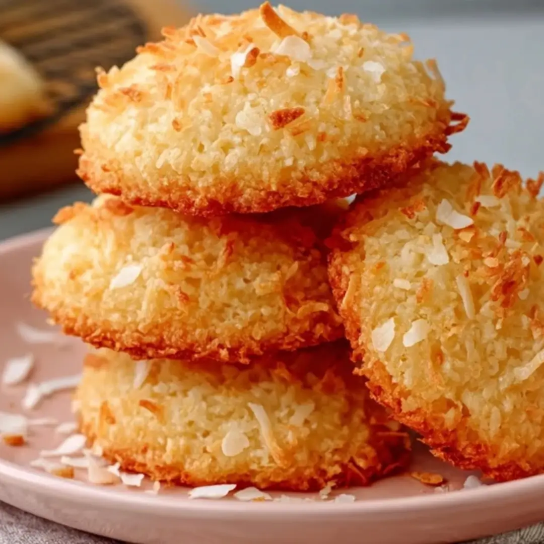 Stack of four golden brown coconut macaroons or haystacks, with toasted coconut flakes visible on the surface.