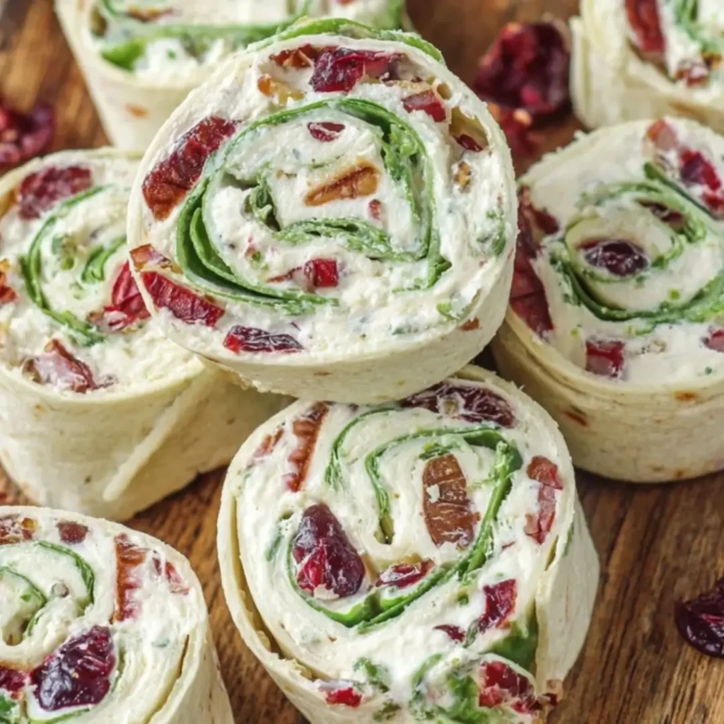 Tightly rolled cranberry jalapeño tortilla pinwheels stacked on a wooden cutting board, showing the vibrant red cranberries and green cilantro inside.