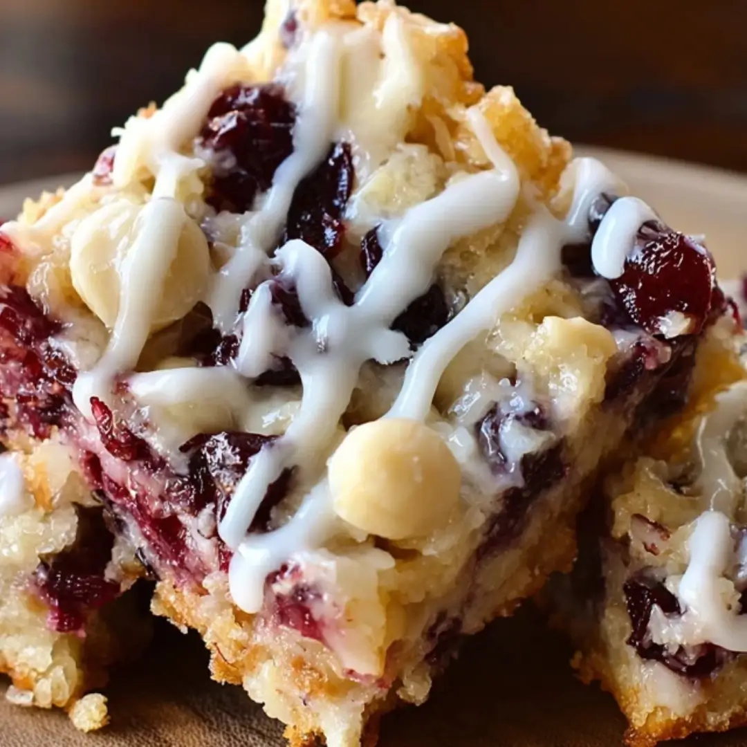A close-up stack of Cranberry Macadamia Magic Bars drizzled with white icing, showing the red cranberries, white chocolate, and macadamia nuts.
