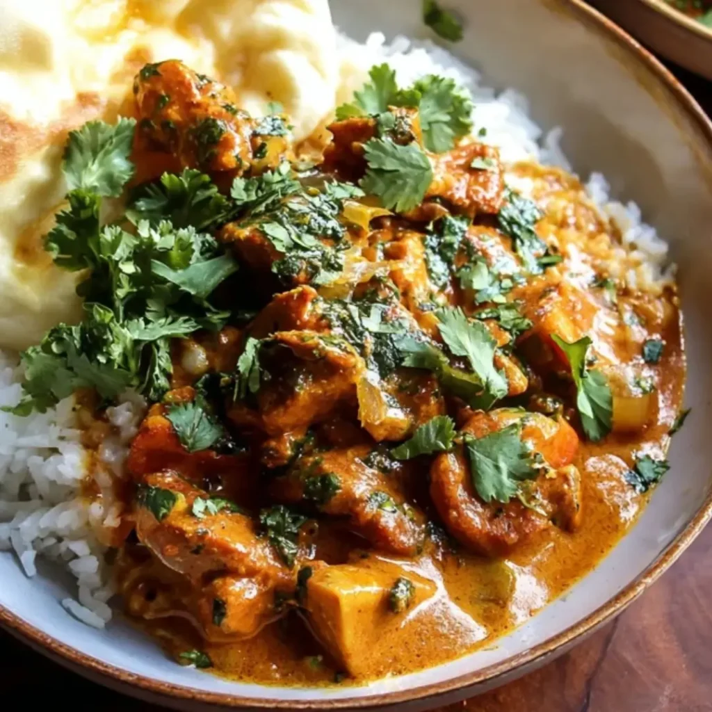 Creamy Butternut Squash Butter Chicken served over a bed of white basmati rice, garnished generously with fresh chopped cilantro, with a piece of naan bread on the side.