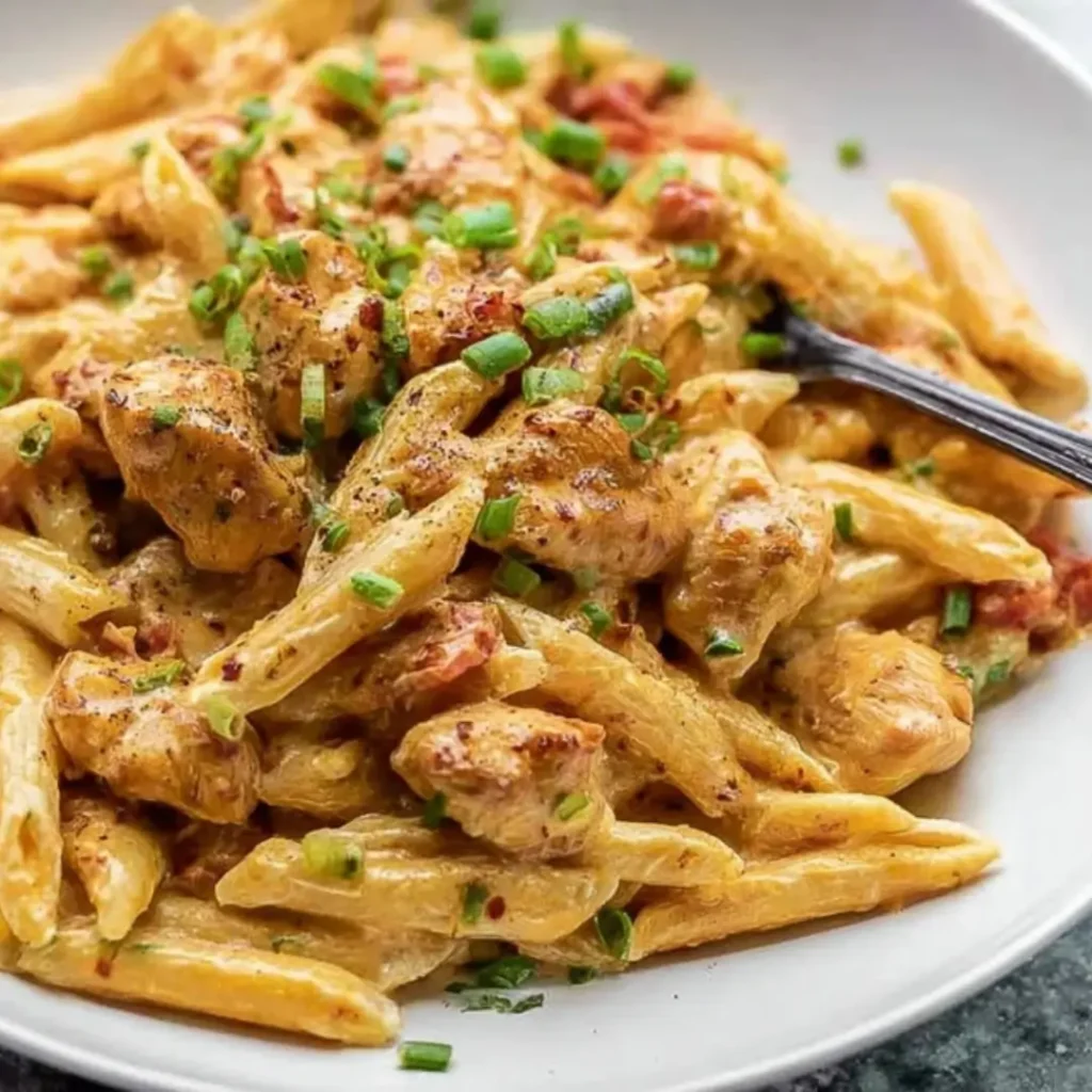 A close-up shot of creamy Cajun chicken pasta served in a white bowl, showing penne pasta coated in a rich, orange-tinted Parmesan sauce, mixed with seasoned chicken strips and garnished with fresh green onion slices.