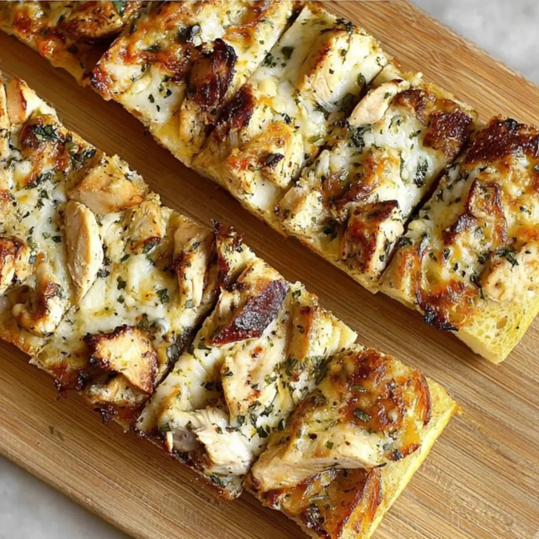 Close-up of two halves of a French baguette topped with creamy Alfredo sauce, tender shredded chicken, melted mozzarella cheese, and fresh herbs, sliced into portions on a wooden cutting board.