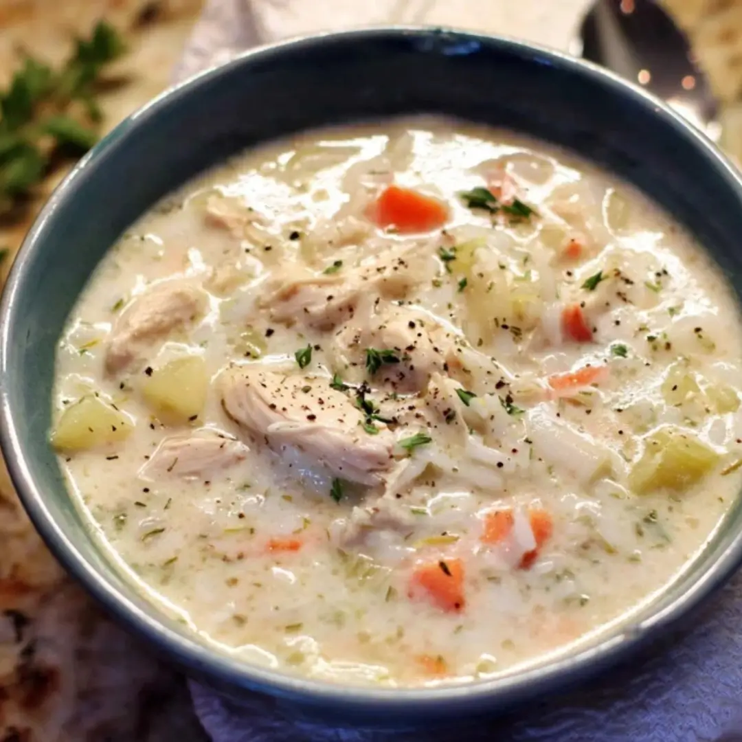 A close-up shot of creamy chicken and rice soup, featuring tender shredded chicken, carrots, rice, and fresh herbs, served in a teal bowl.