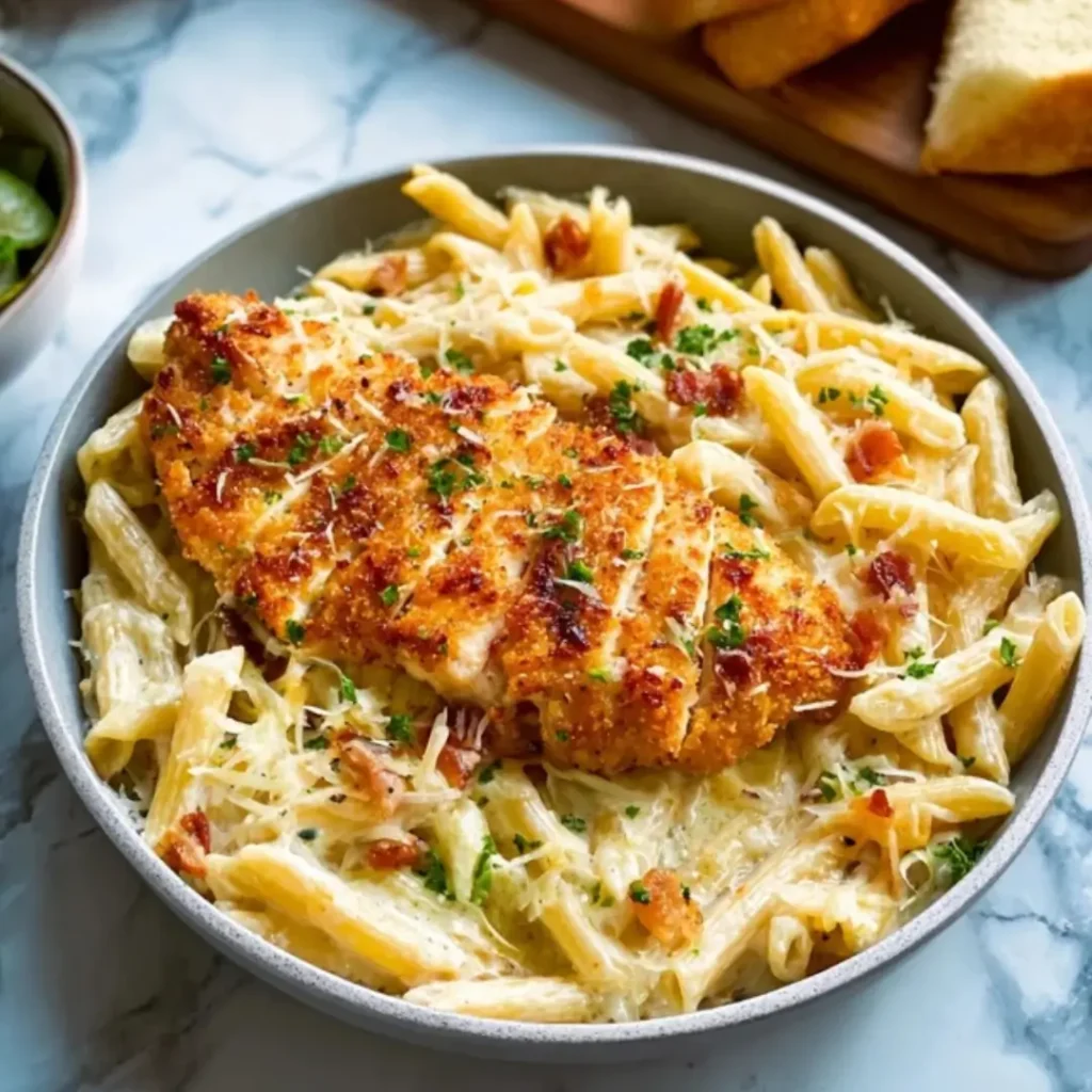 Creamy Garlic Parmesan Penne Pasta topped with a crispy, golden brown breaded chicken cutlet and sprinkled with fresh parsley.