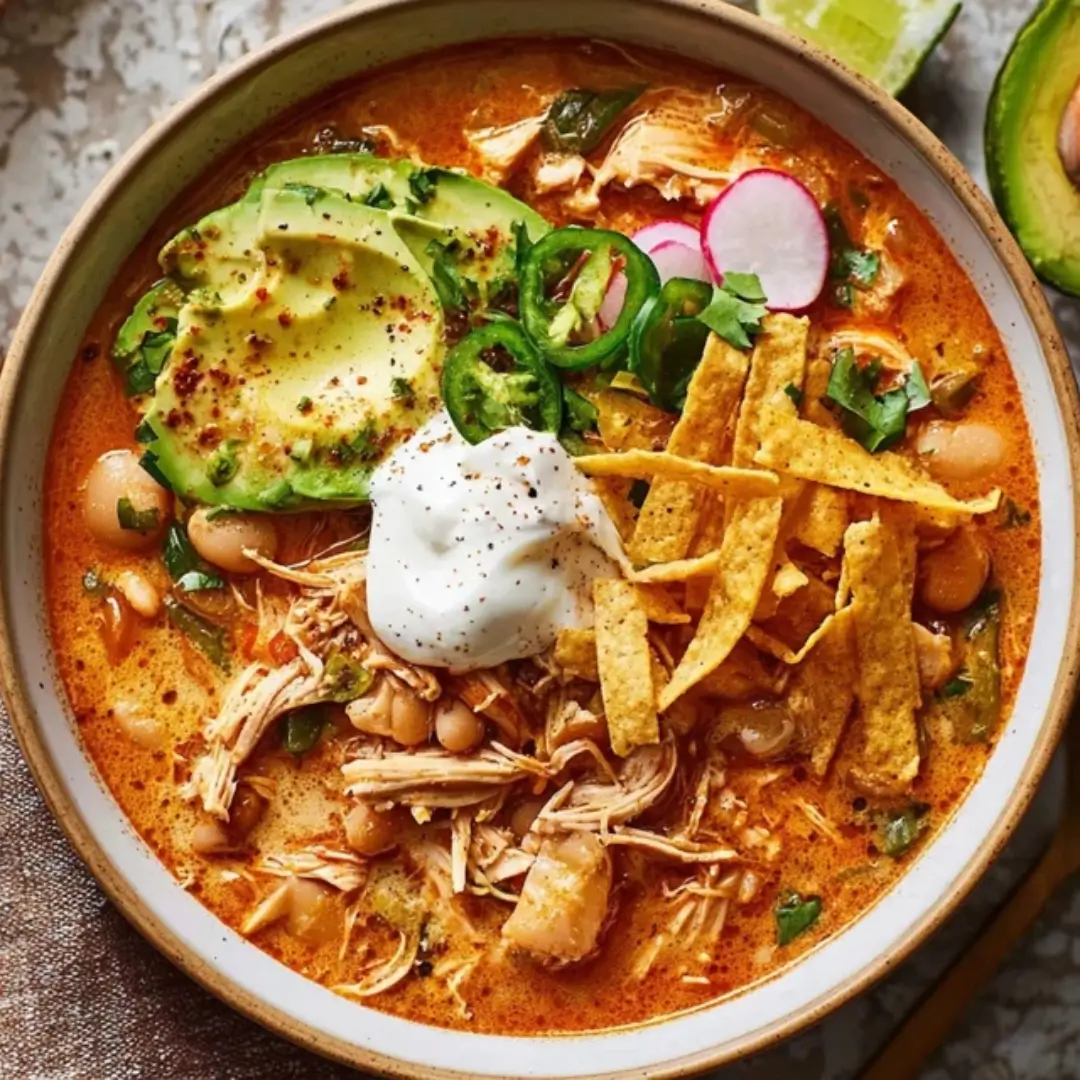 Bowl of creamy Gochujang White Chicken Chili topped with shredded chicken, white beans, tortilla strips, sour cream, sliced avocado, jalapeños, and radish slices.