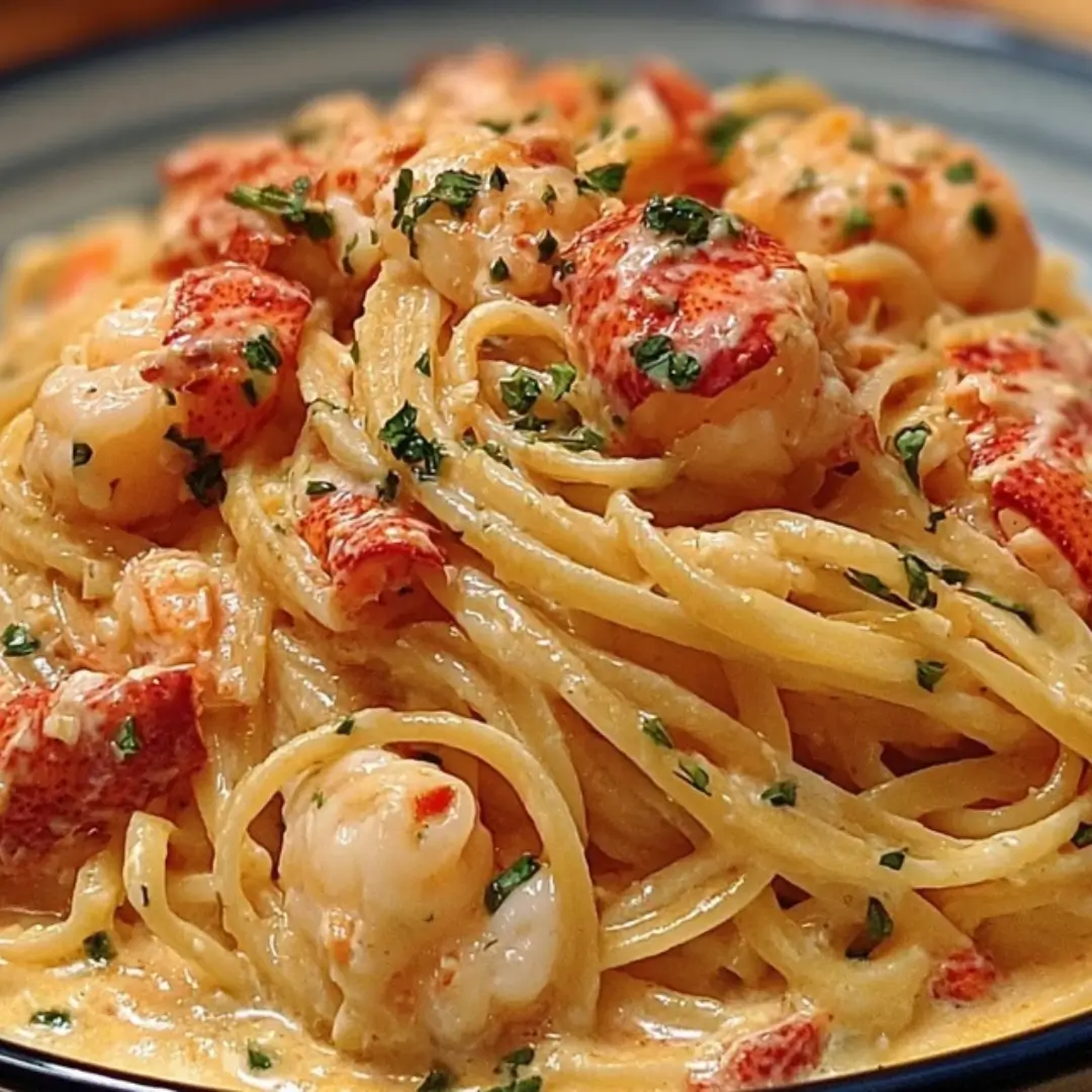 A close-up shot of creamy linguine pasta generously tossed with large pieces of red lobster meat and a rich, light orange-colored garlic Parmesan sauce, garnished with fresh chopped parsley.