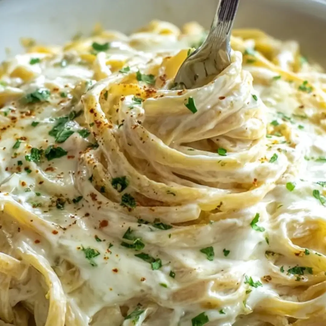 A fork twirling creamy fettuccine coated in rich, homemade Olive Garden-style Alfredo sauce, garnished with fresh chopped parsley.