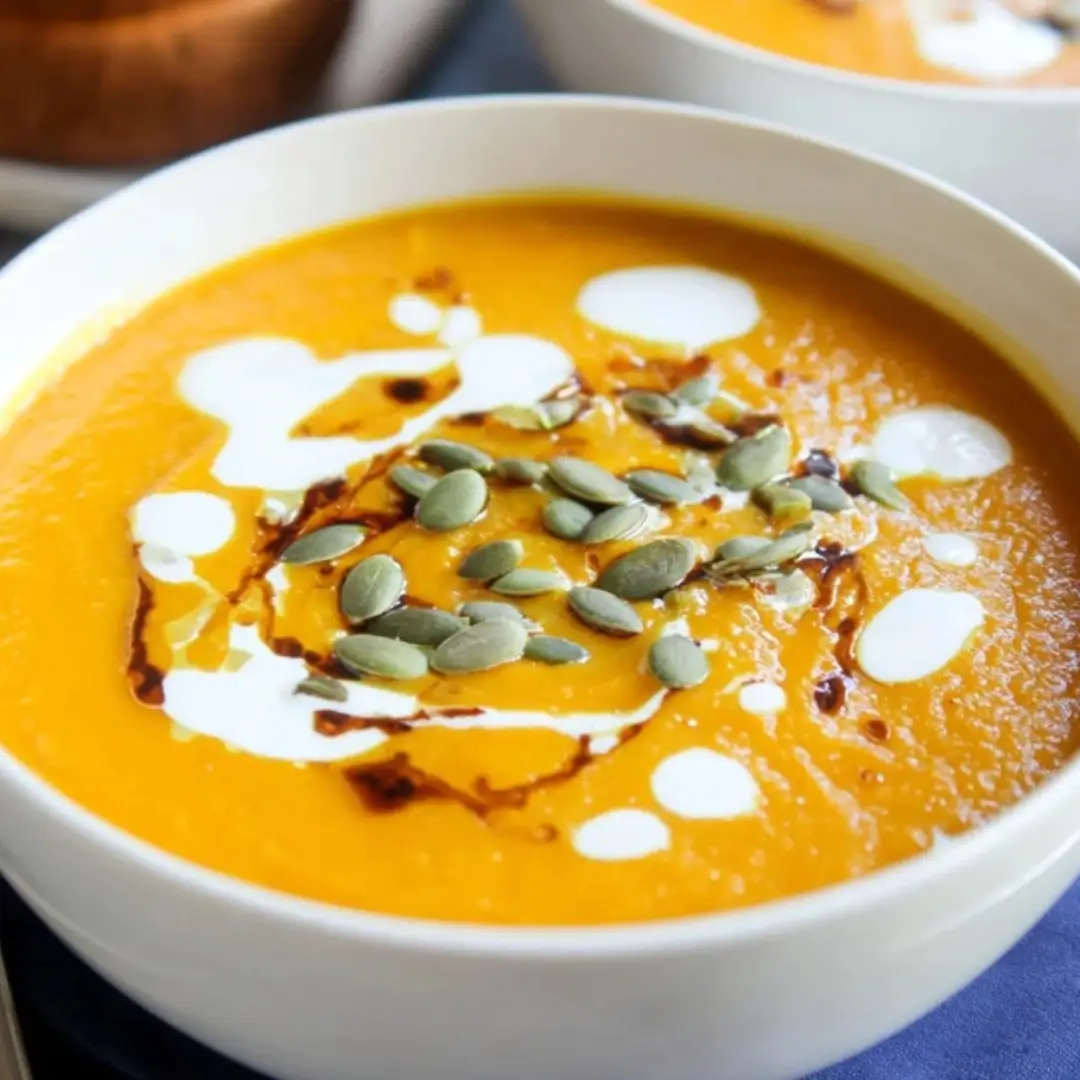 A close-up of a white bowl filled with vibrant orange, creamy pumpkin and sweet potato soup, garnished with a swirl of white cream and a generous sprinkling of roasted green pumpkin seeds (pepitas).